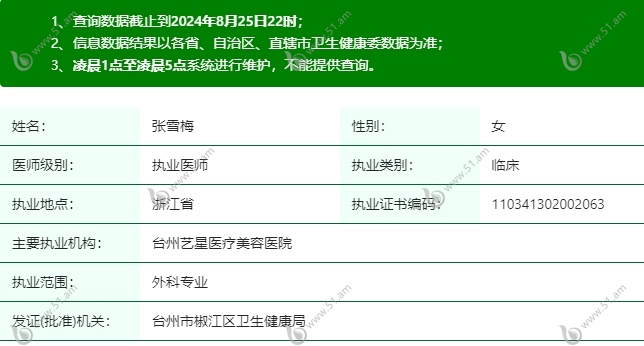 张雪梅医生在卫健委上登记的资质